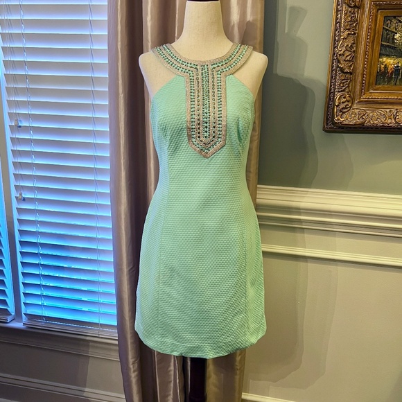 EUC Lilly Pulitzer Adelina Beaded Halter Style Shift Dress Poolside Blue Size 6 - Picture 1 of 3